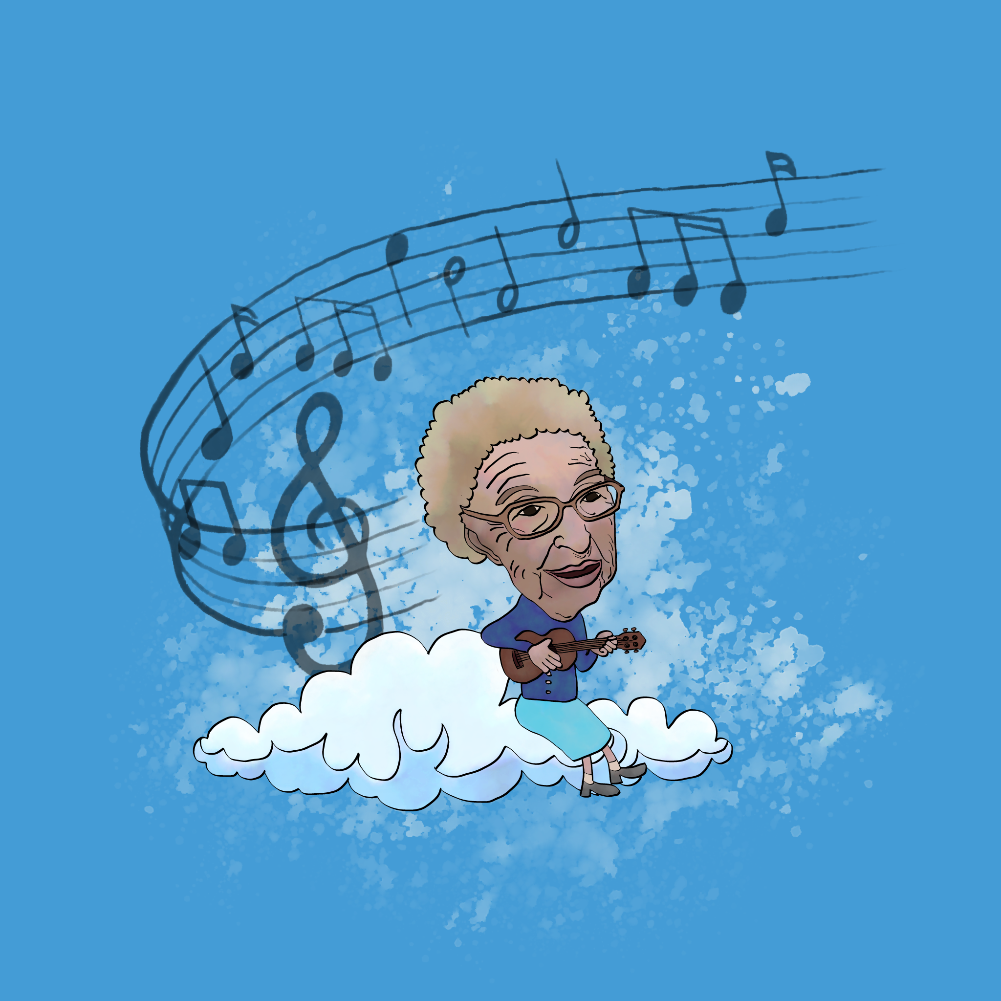 Digital illustration of old lady playing ukelele on top of a cloud