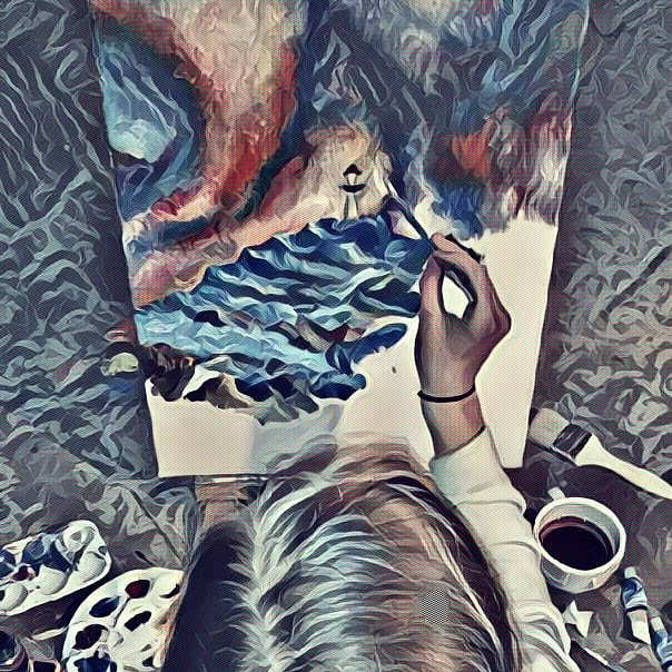 Edited photograph of artist painting a lighthouse scene