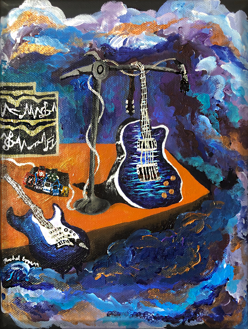 Surrealist painting of music instruments on a stage melting
