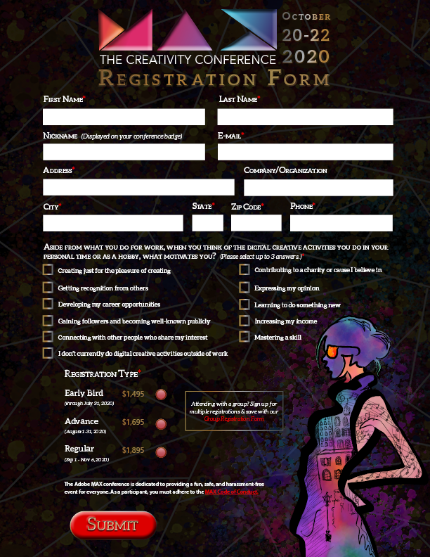 Adobe MAX Conference Interactive Registration Form Mockup